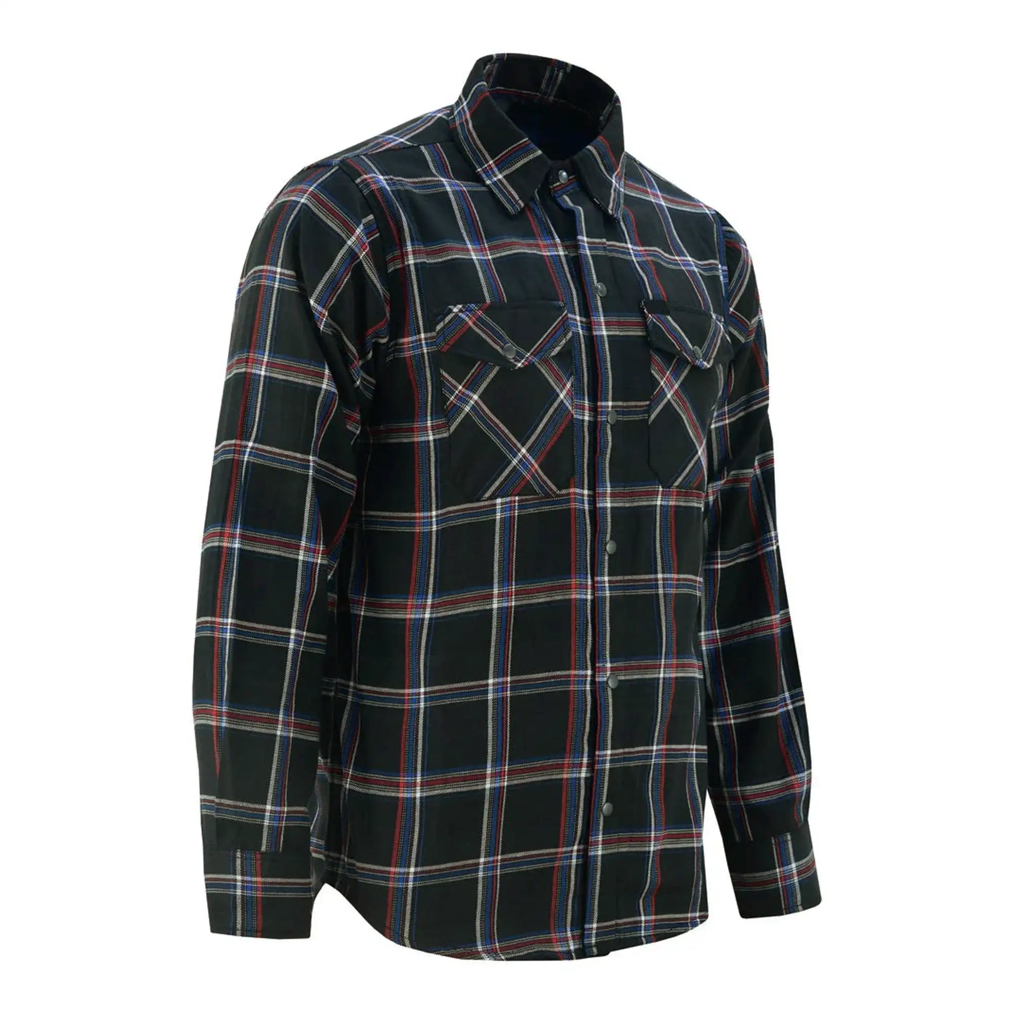 Black, red, and blue LVAD flannel shirt for HeartMate with controller pockets, cord loops, & heavy-duty thread stitching.